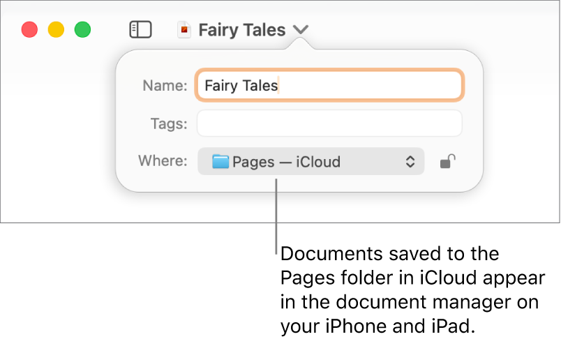 The Save dialogue for a document with Pages — iCloud in the Where pop-up menu.