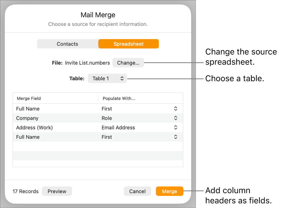 Preview Merge Fields pane open, with options to change the source file or table, preview the merge field names or add the column headers as fields.