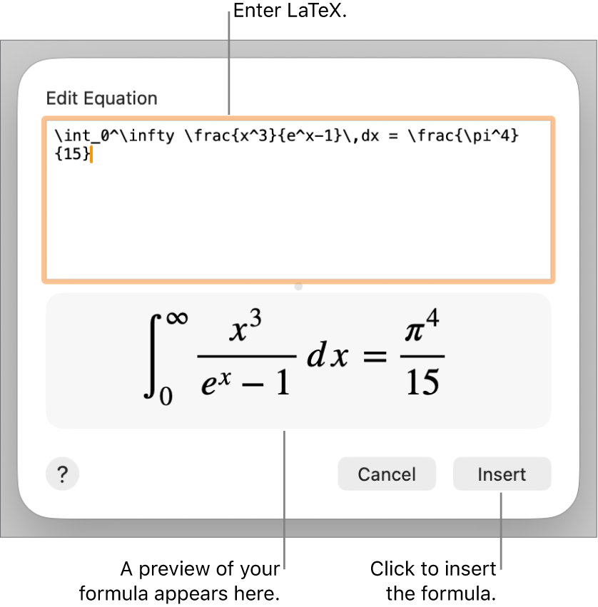 The quadratic formula written using LaTeX in the Equation field, and a preview of the formula below.