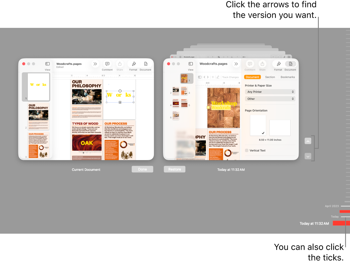 The versions timeline showing the current document on the left and a recent version on the right.