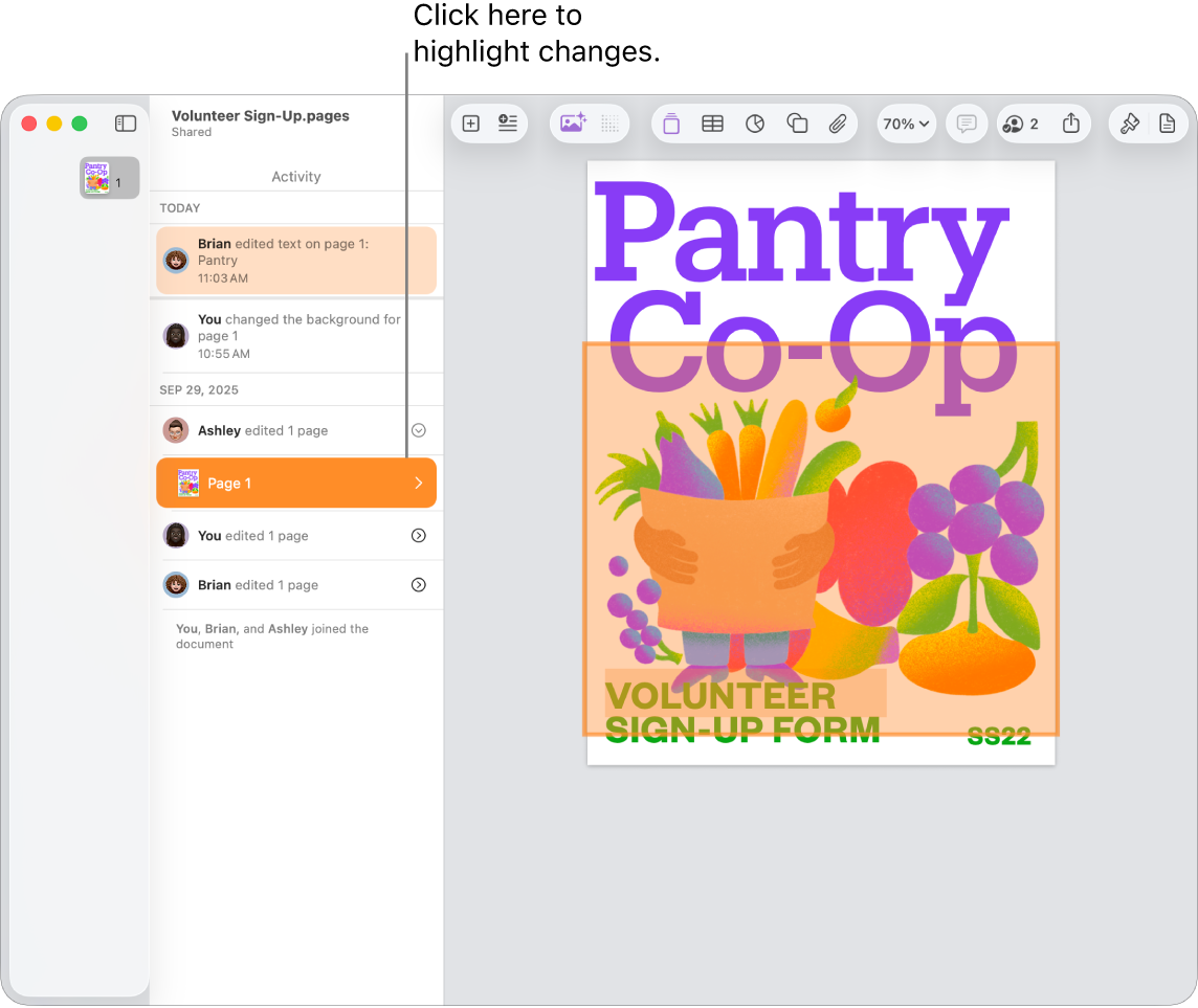 A collaborative document with the collaboration menu and activity list both open.