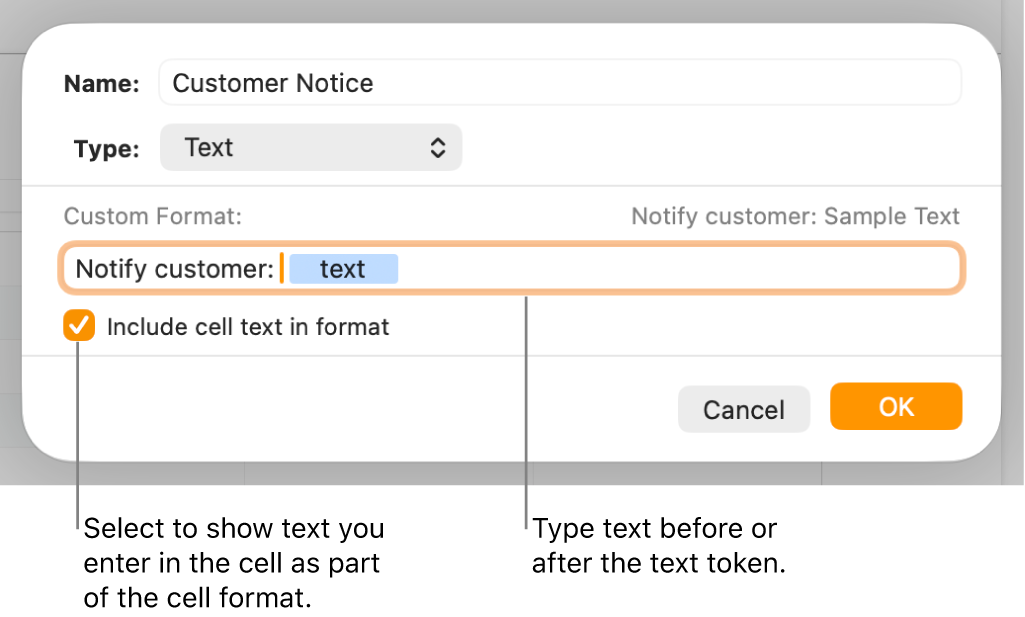 The custom cell format window with controls for choosing custom text formatting.