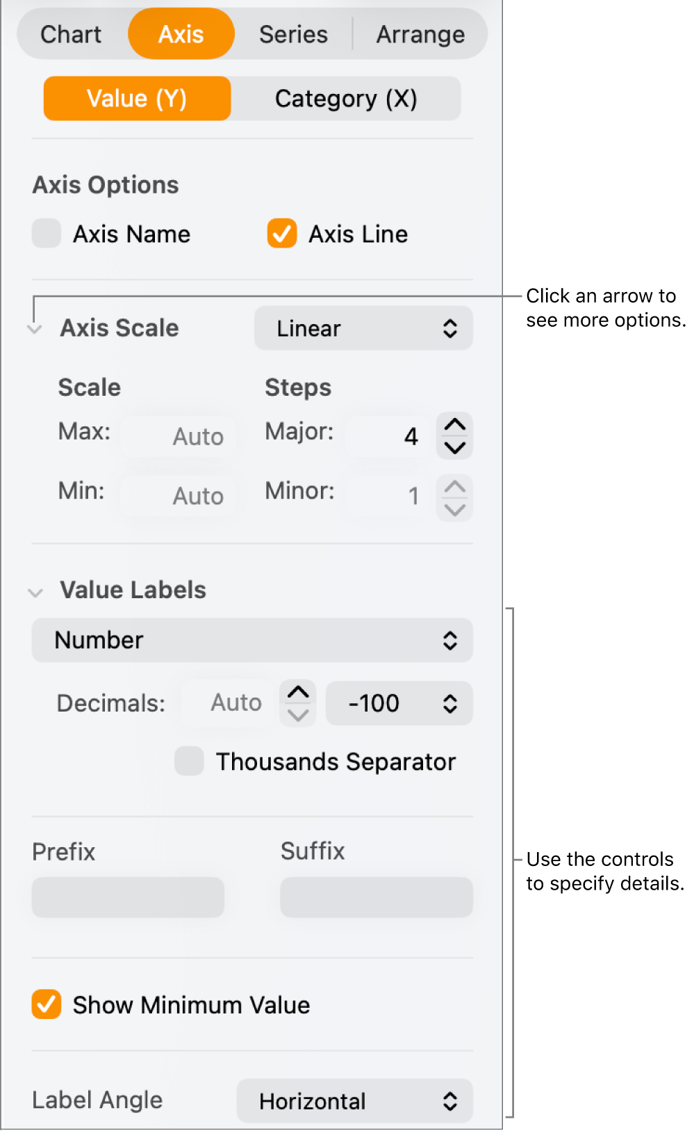 Controls for formatting chart axis markings.