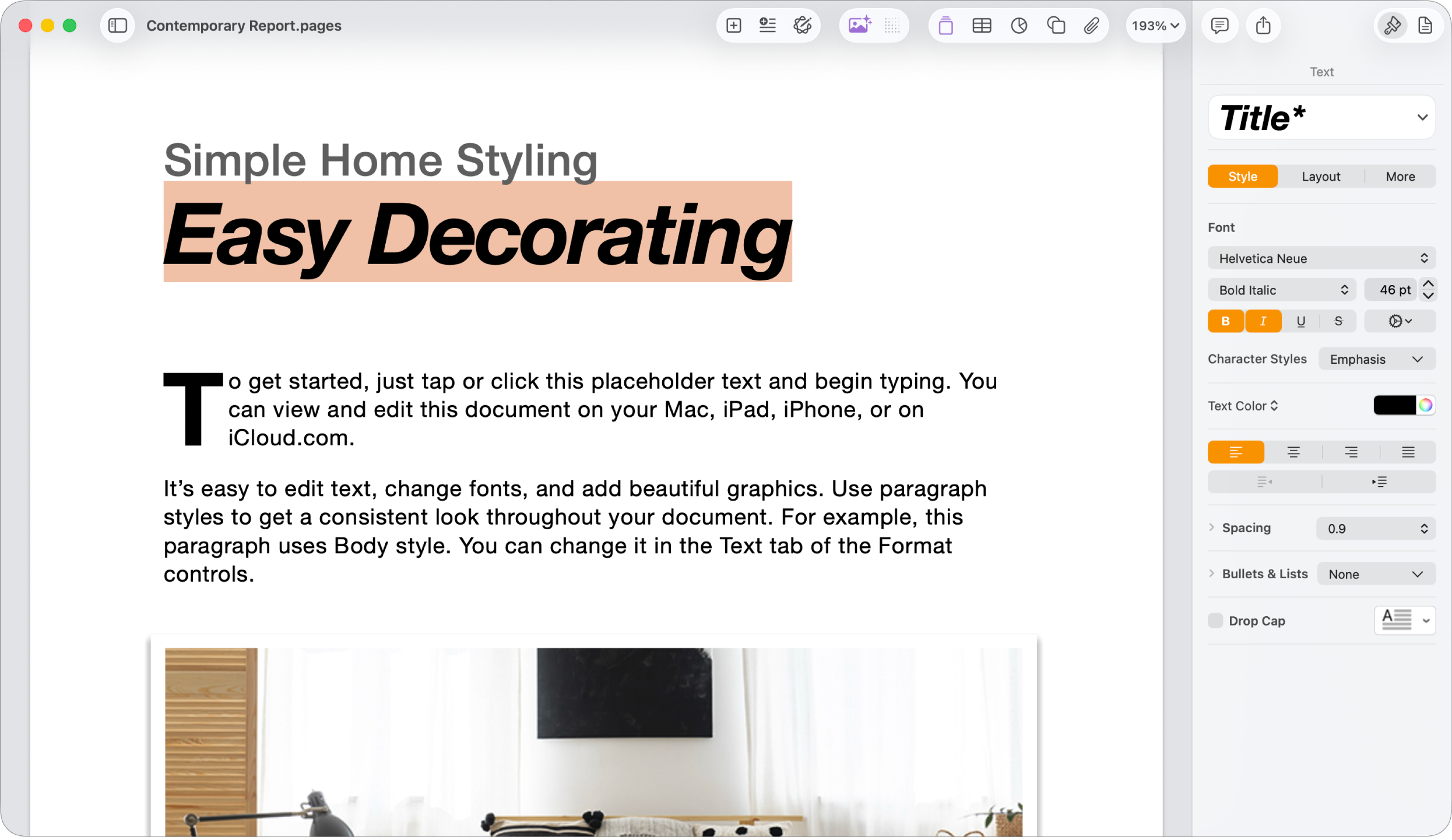 Open document with the format sidebar open, and the text tab selected.