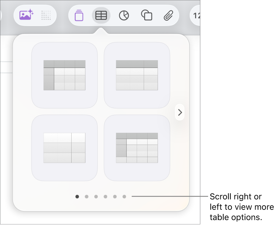 The Add Table menu with navigation arrows.