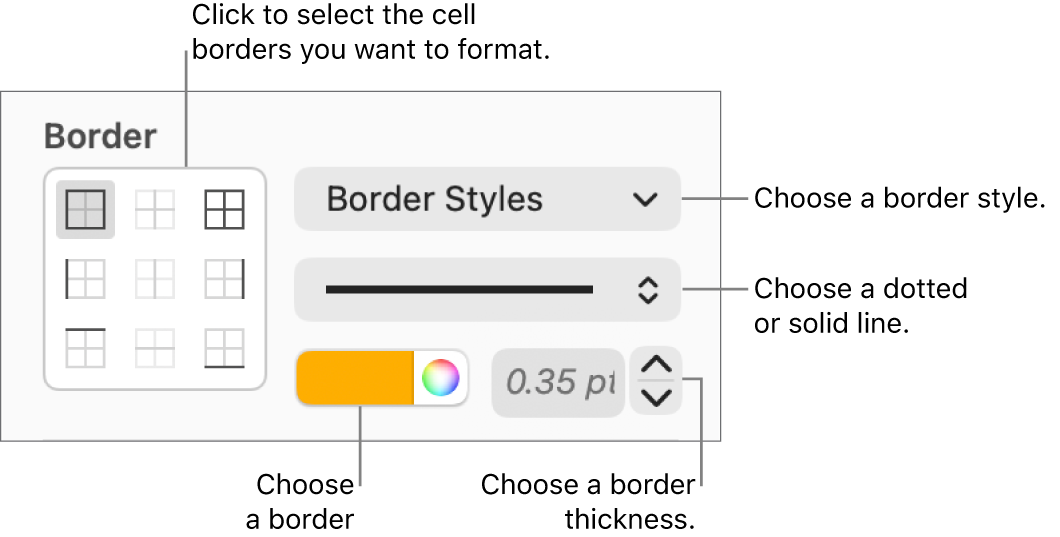 Controls for styling cell borders.