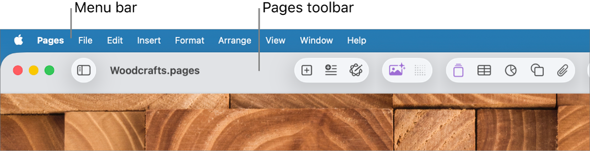 The menu bar at the top of the screen with Apple, Pages, File, Edit, Insert, Format, Arrange, View, Window and Help menus. Below the menu bar is an open Pages document with toolbar buttons across the top for View, Zoom, Add Page, Insert, Table, Chart, Text, Shape, Media, Comment, Share and Format.