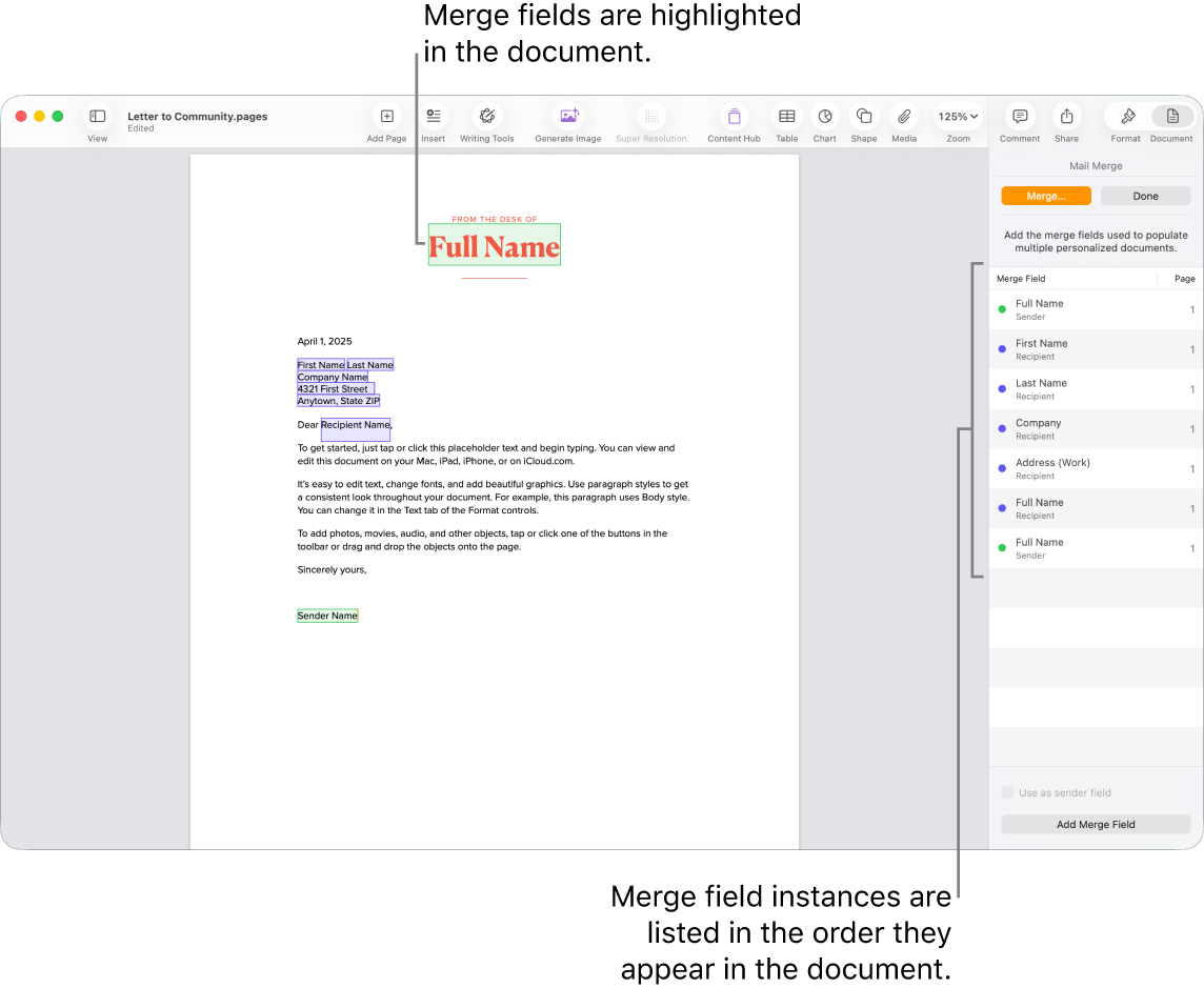 Pages document with recipient and sender merge fields, and the merge field instances list visible in the Document sidebar.