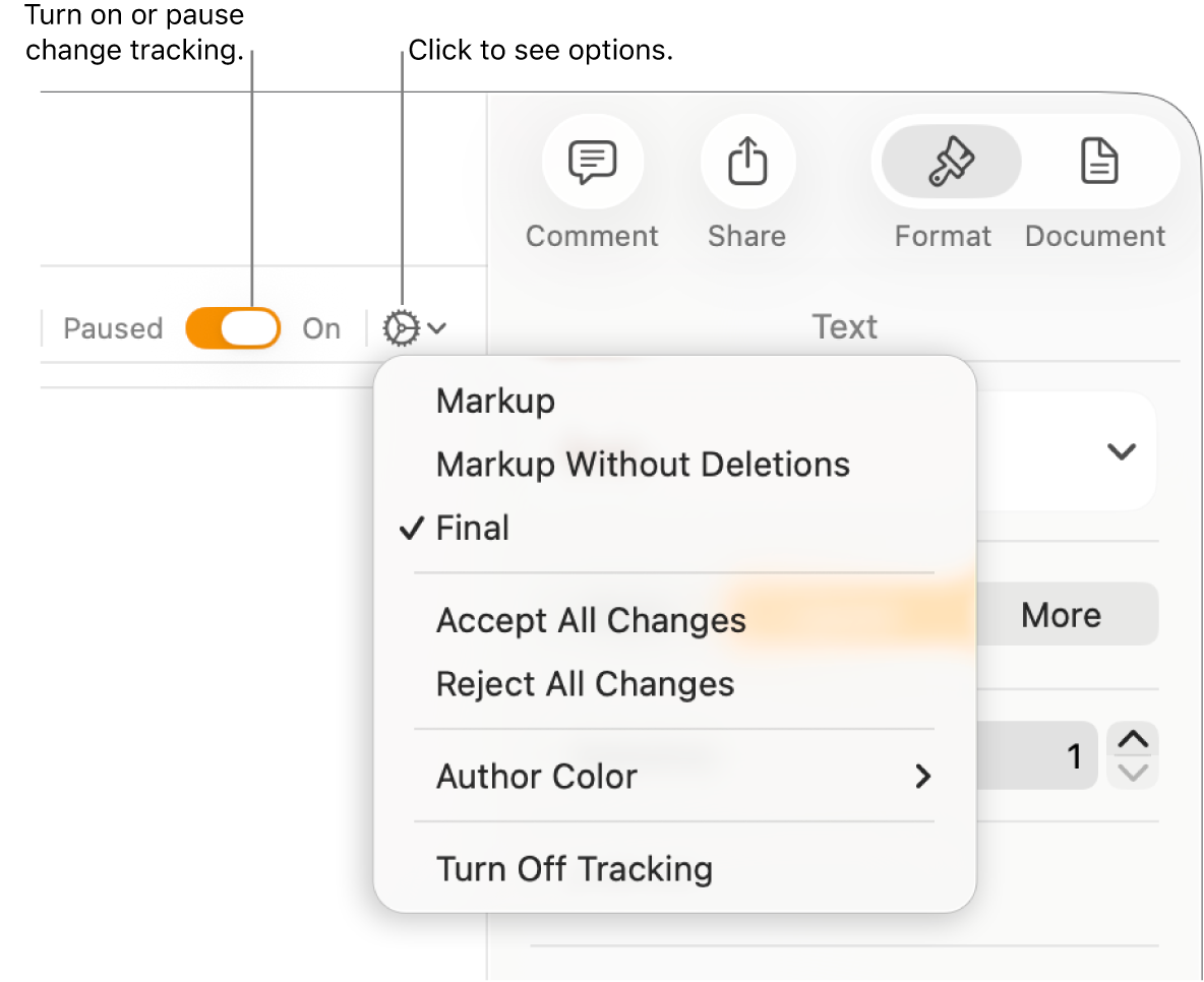 The tracking options menu showing Turn off Tracking at the bottom and callouts to the Tracking On and Paused button.