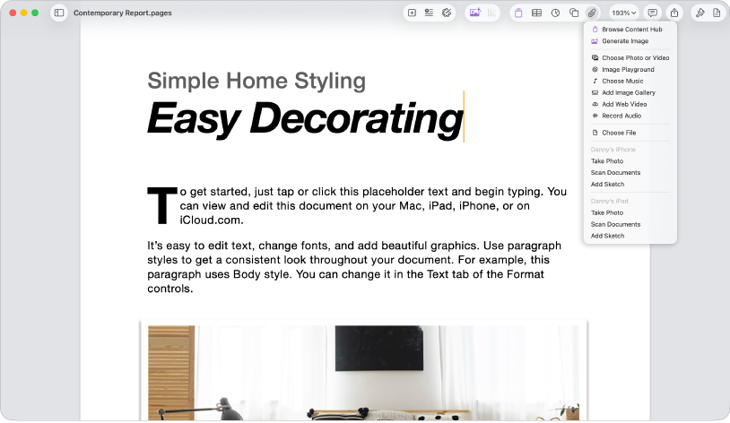 Open document with the Add Media menu open.