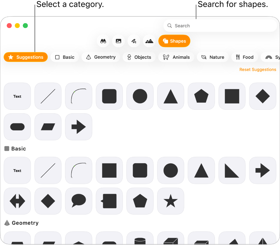 The shapes library, with categories listed on the left and shapes displayed on the right. You can use the search field at the top to find shapes and scroll to see more.