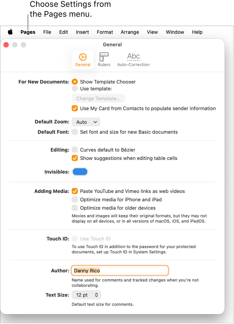 Pages Settings window open to the General pane, with settings for new documents, default zoom and font, editing, equations, invisibles, adding media, Touch ID, author name, and default text size.