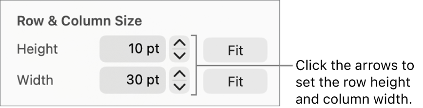 The controls for setting a precise row or column size.