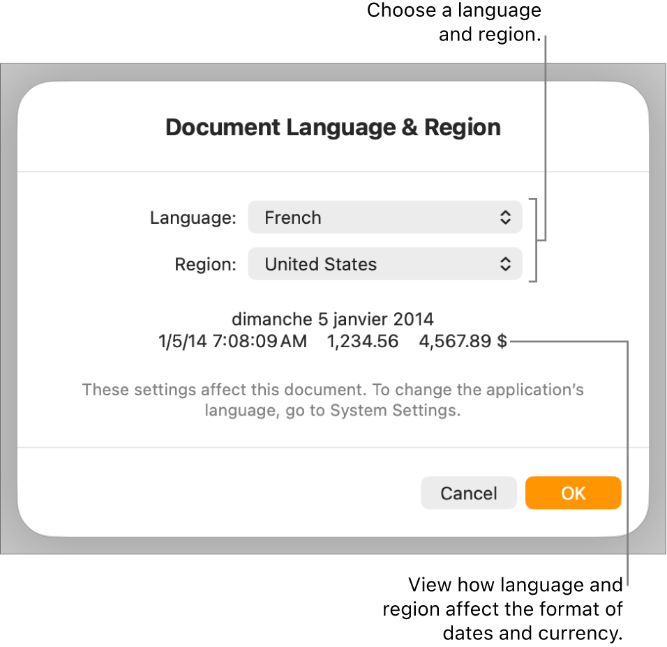 Language & Region pane with controls for language and region, and a format example including date, time, decimal, and currency.