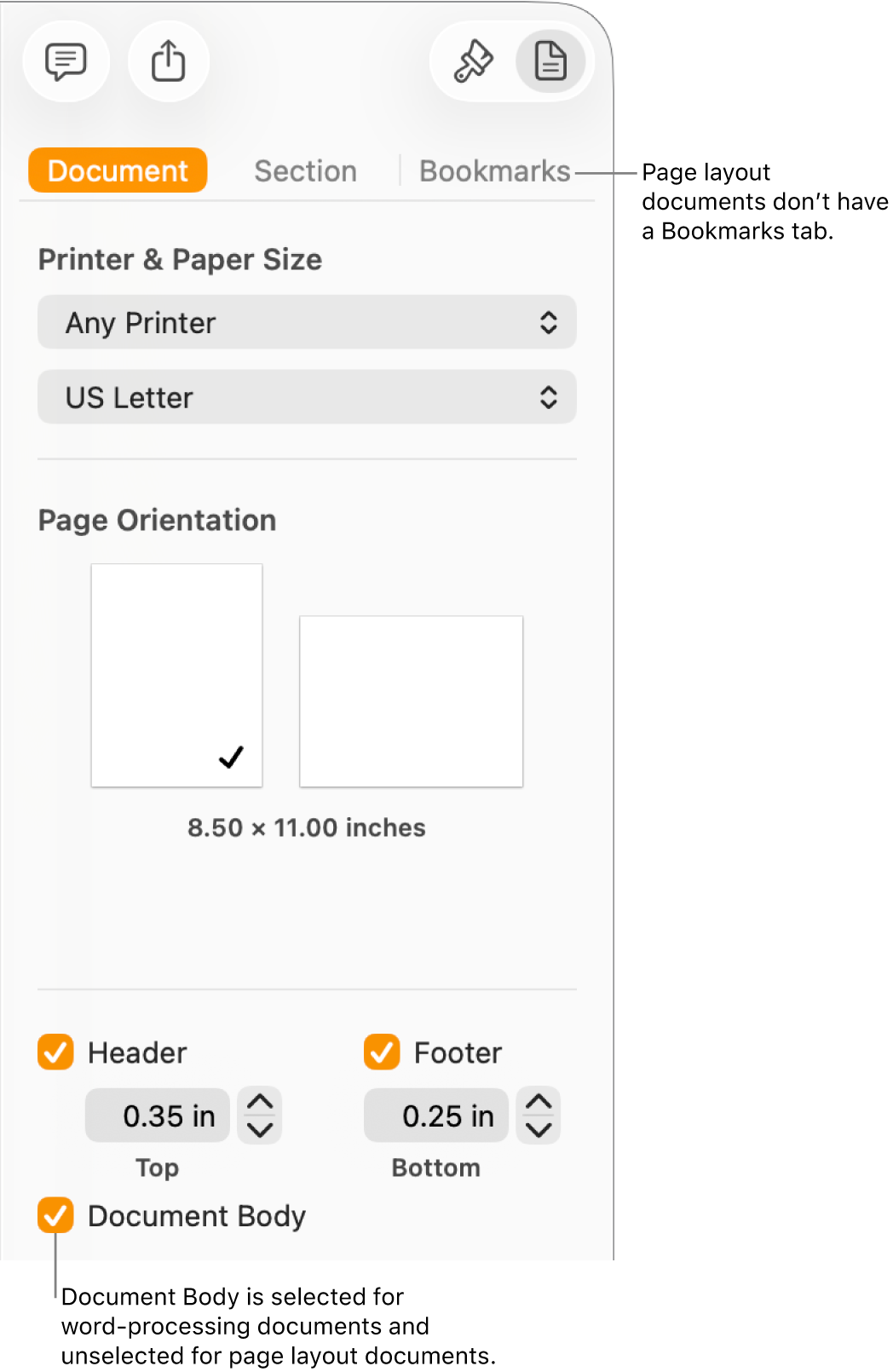 The Format sidebar with Document, Section, and Bookmarks tabs at the top. The Document tab is selected and a callout to the Bookmarks tab says that page layout documents don’t have a Bookmarks tab. The Document Body checkbox is selected, which also indicates that this is a word-processing document.