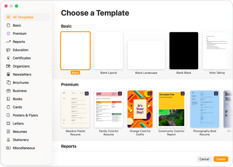 The template chooser. A sidebar on the left lists template categories you can click to filter options. On the right are thumbnails of predesigned templates arranged in rows by category. The Cancel and Create buttons are in the bottom-right corner.