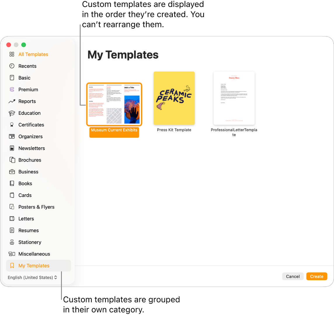The template chooser with My Templates as the last category on the left. Custom templates are displayed in the order they’re created and can’t be rearranged.