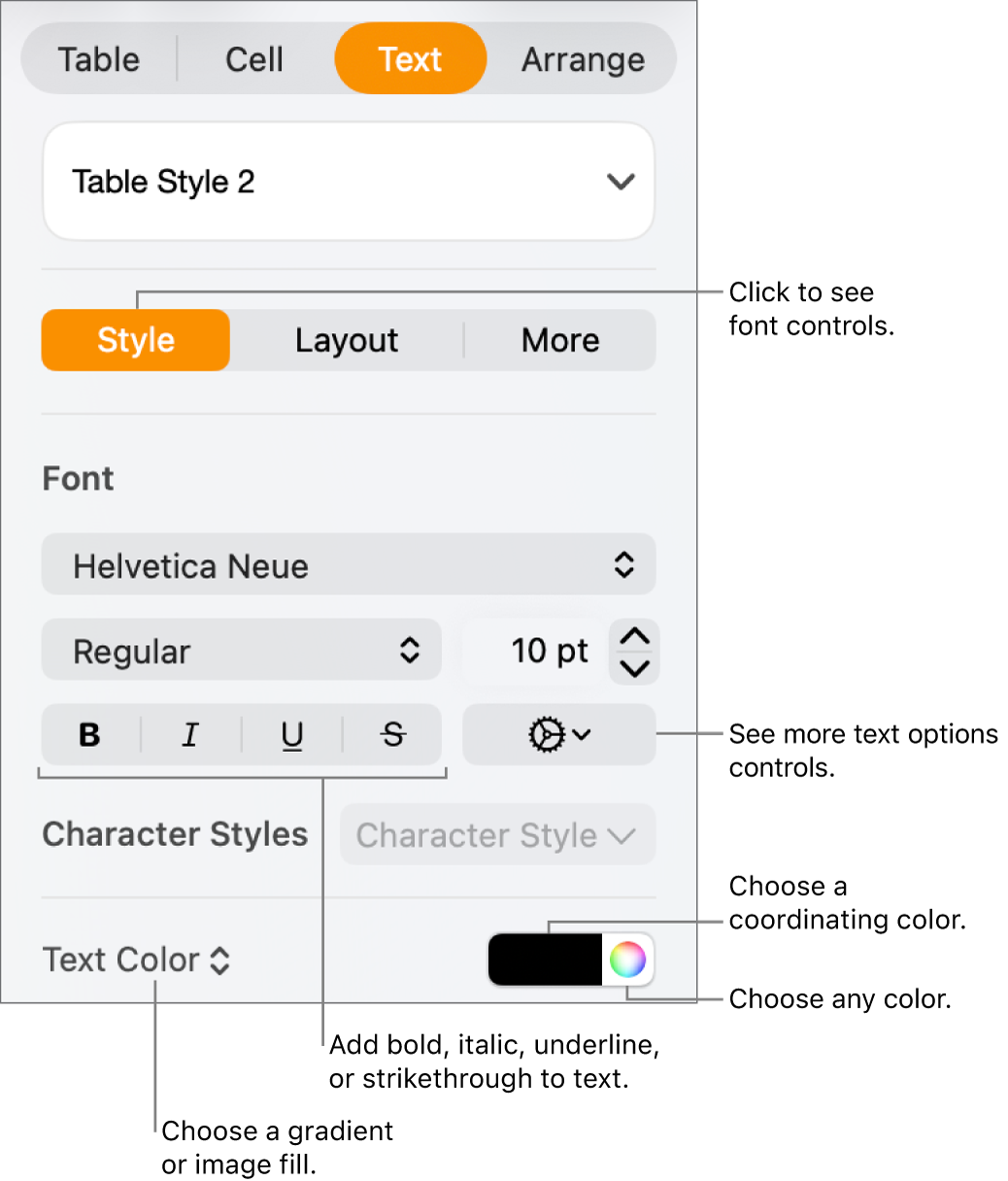 The controls for styling table text.