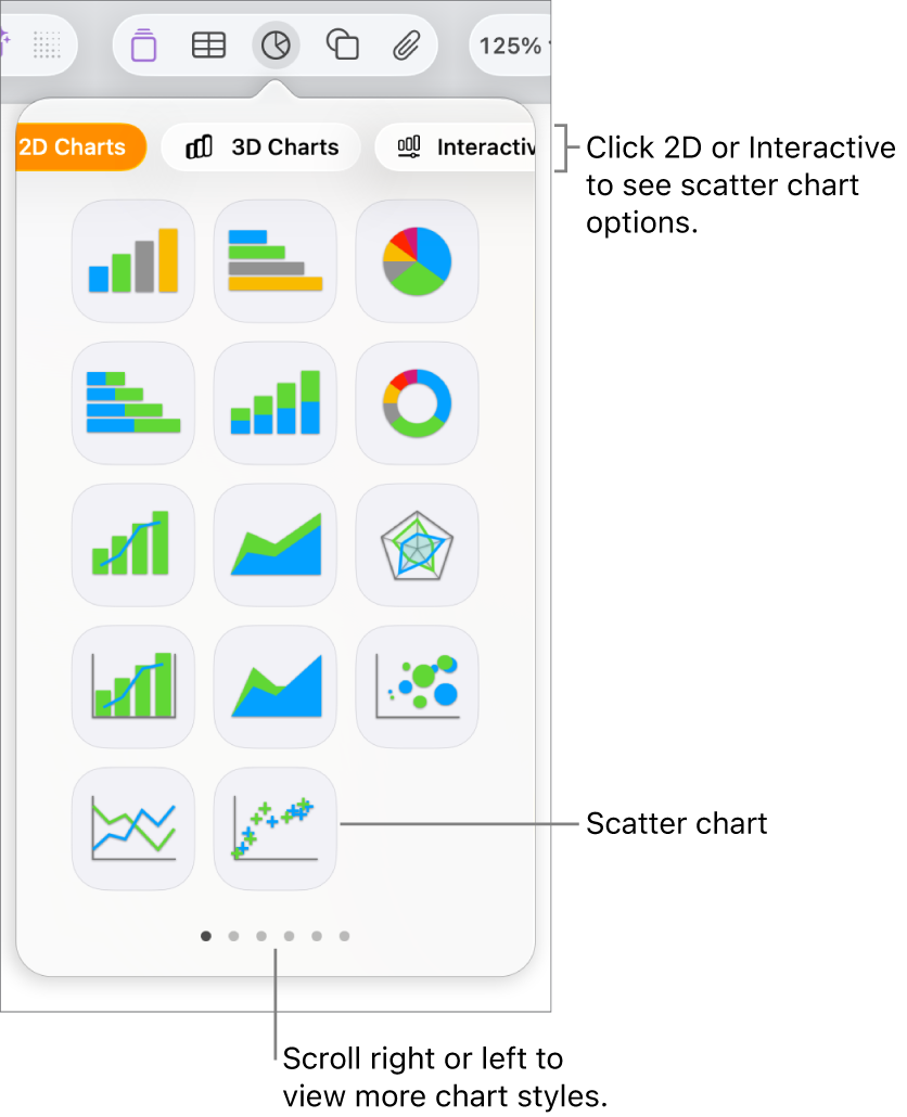 Add chart menu showing scatter chart option.