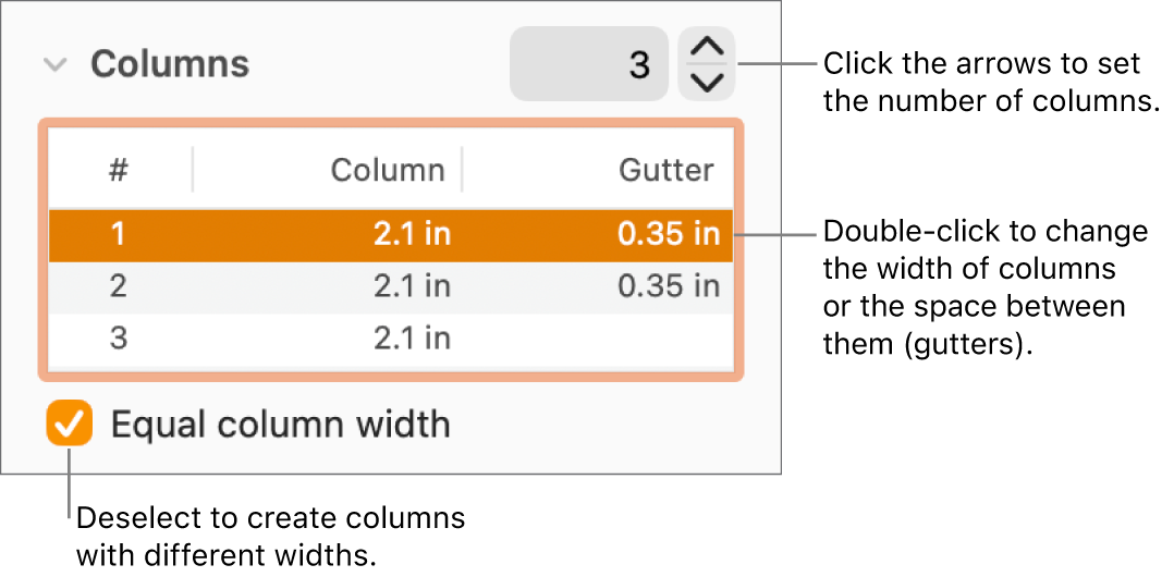 Layout pane of the Format inspector, showing columns controls.