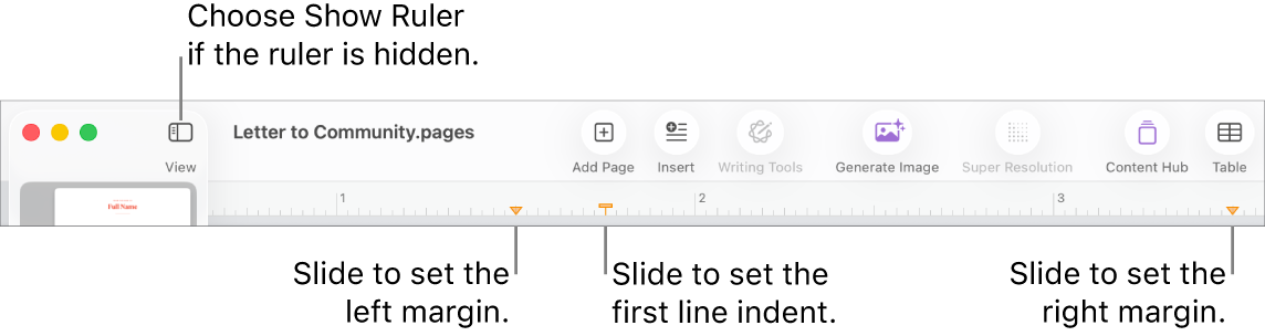 The ruler with the left margin control and first line indent control.