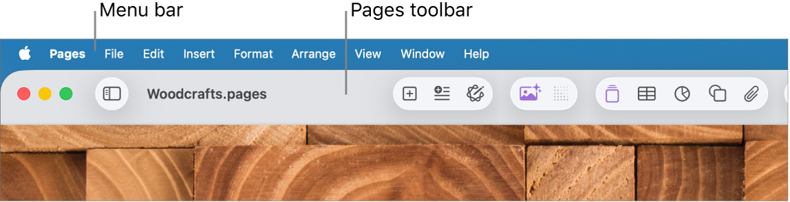 The menu bar at the top of the screen with Apple, Pages, File, Edit, Insert, Format, Arrange, View, Window, and Help menus. Below the menu bar is an open Pages document with toolbar buttons across the top for View, Zoom, Add Page, Insert, Table, Chart, Text, Shape, Media, Comment, Share, and Format.