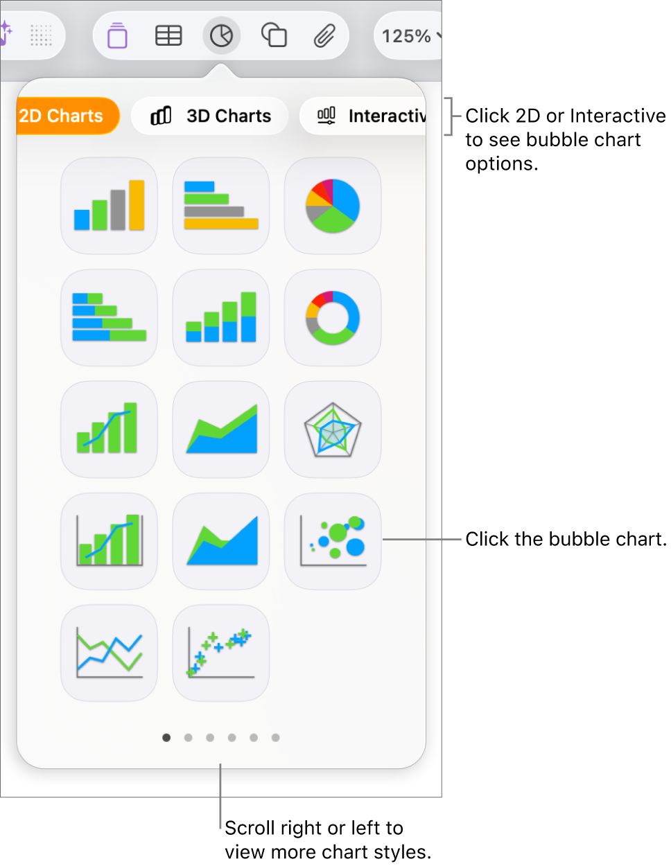 Add chart menu showing interactive charts, calling out a bubble chart option.