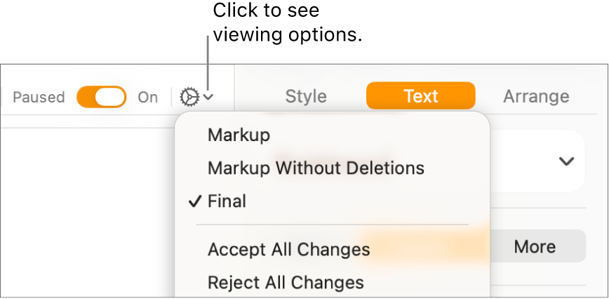 The review options menu showing Markup, Markup Without Deletions, and Final.