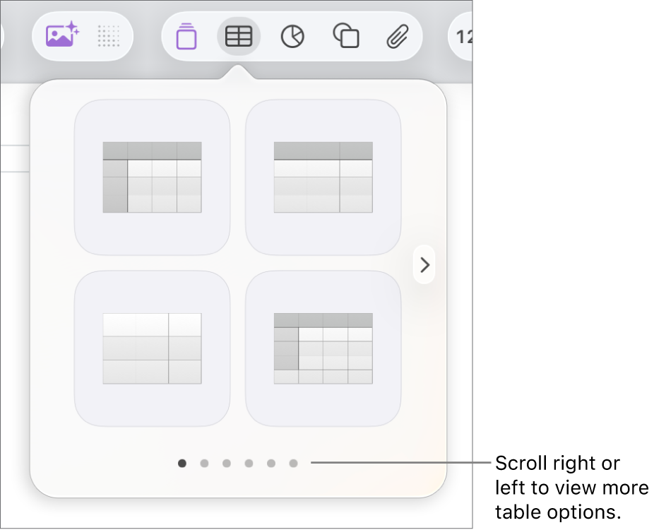 The Add Table menu with navigation arrows.