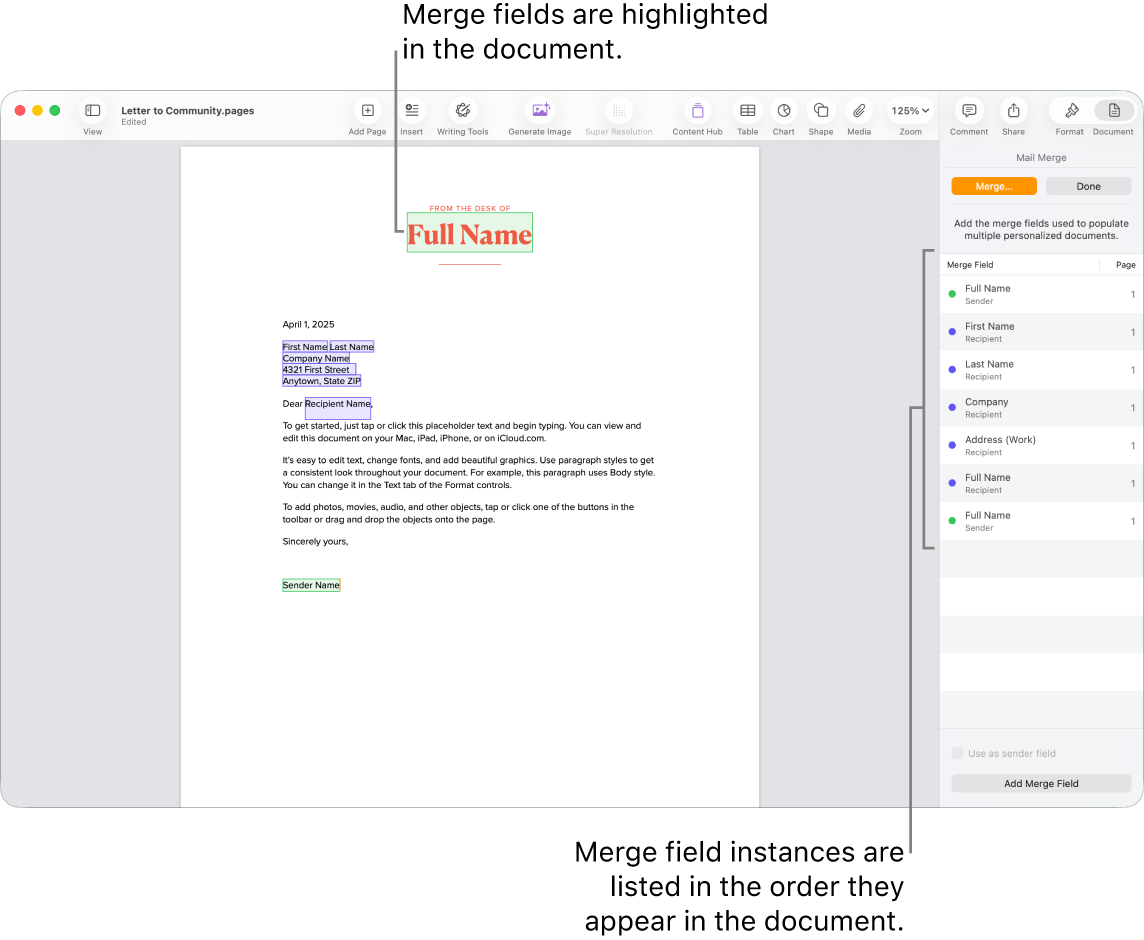 Pages document with recipient and sender merge fields, and the merge field instances list visible in the Document sidebar.