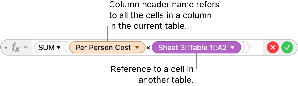 The Formula Editor showing a formula that refers to a column in one table and a cell in another table.