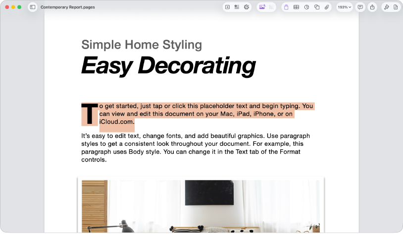In an open document with template placeholder text selected.
