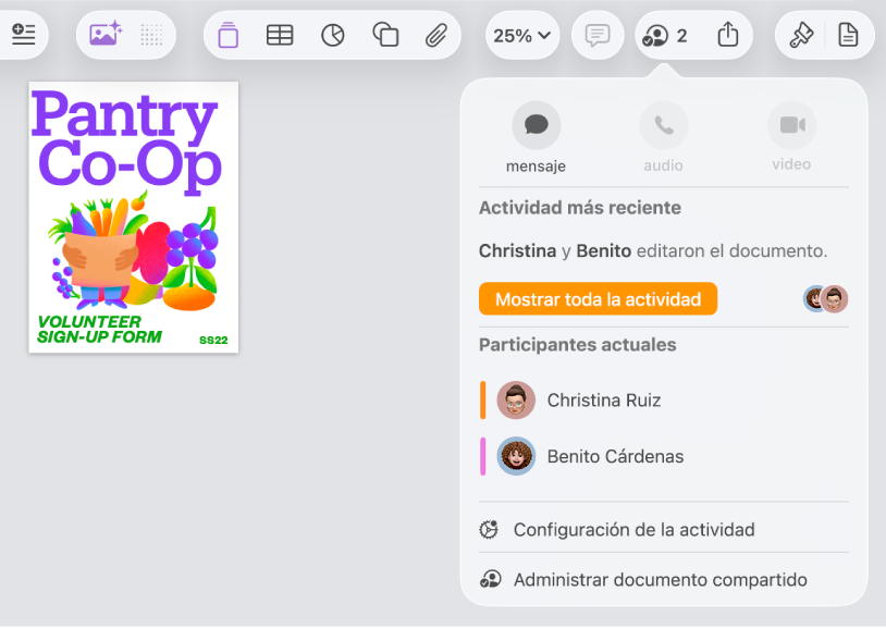 El menú de colaboración mostrando los nombres de las personas que colaboran en el documento.
