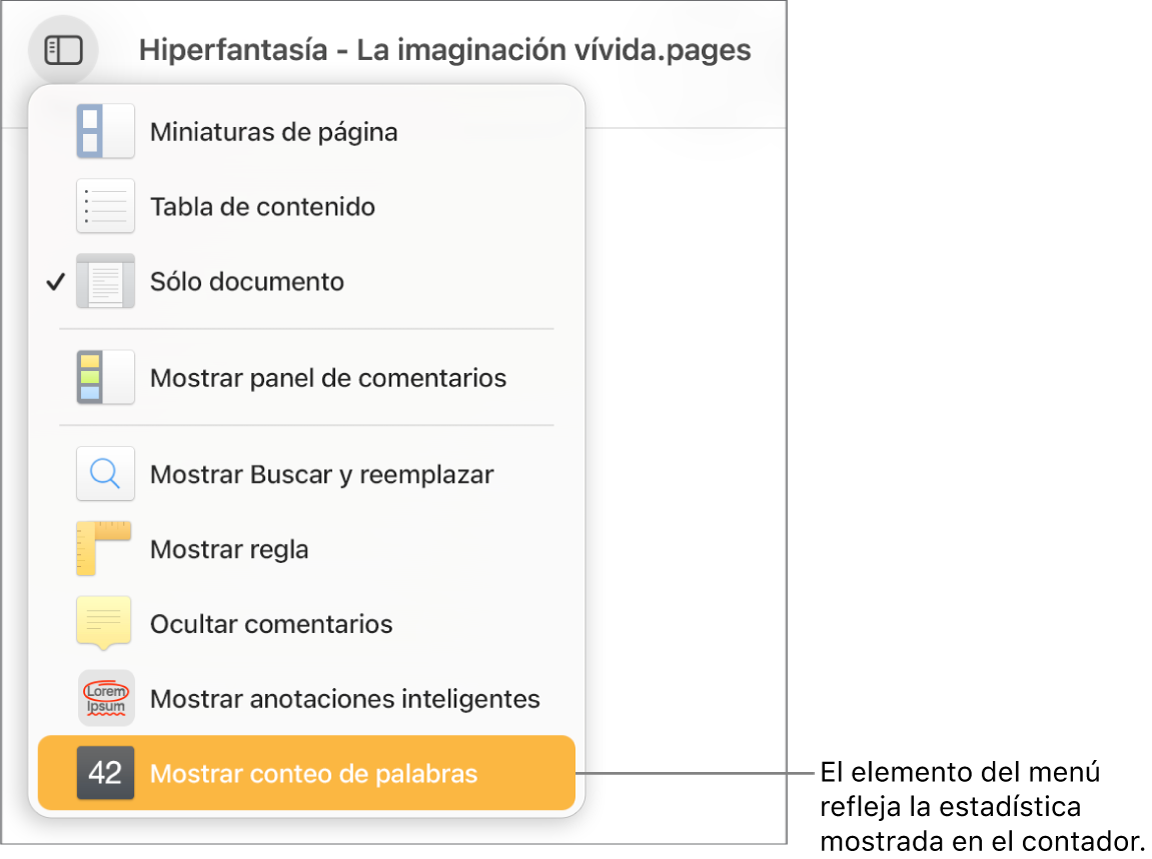 El menú Visualización está abierto y la opción Mostrar conteo de caracteres está casi al final.