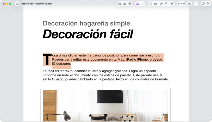 En un documento abierto con texto de marcador de posición seleccionado.