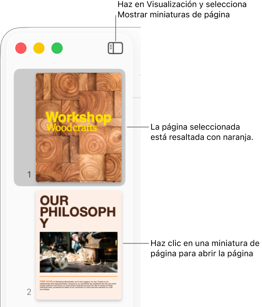 La barra lateral a la izquierda de la ventana de Pages con la visualización Miniaturas de página abierta, y una página seleccionada que se resalta en naranja oscuro.