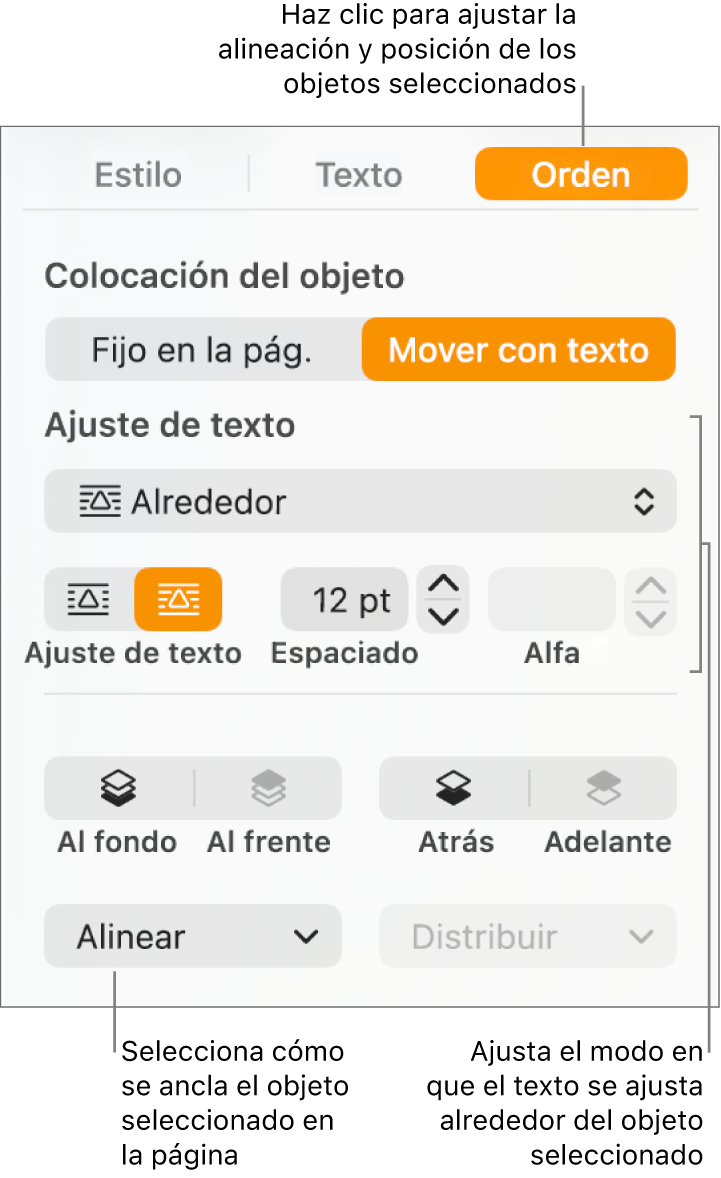 El menú Formato con la barra lateral Orden mostrándose. La configuración Colocación del objeto se sitúa en la parte superior de la barra lateral Orden con la configuración Ajuste de texto en la parte inferior.