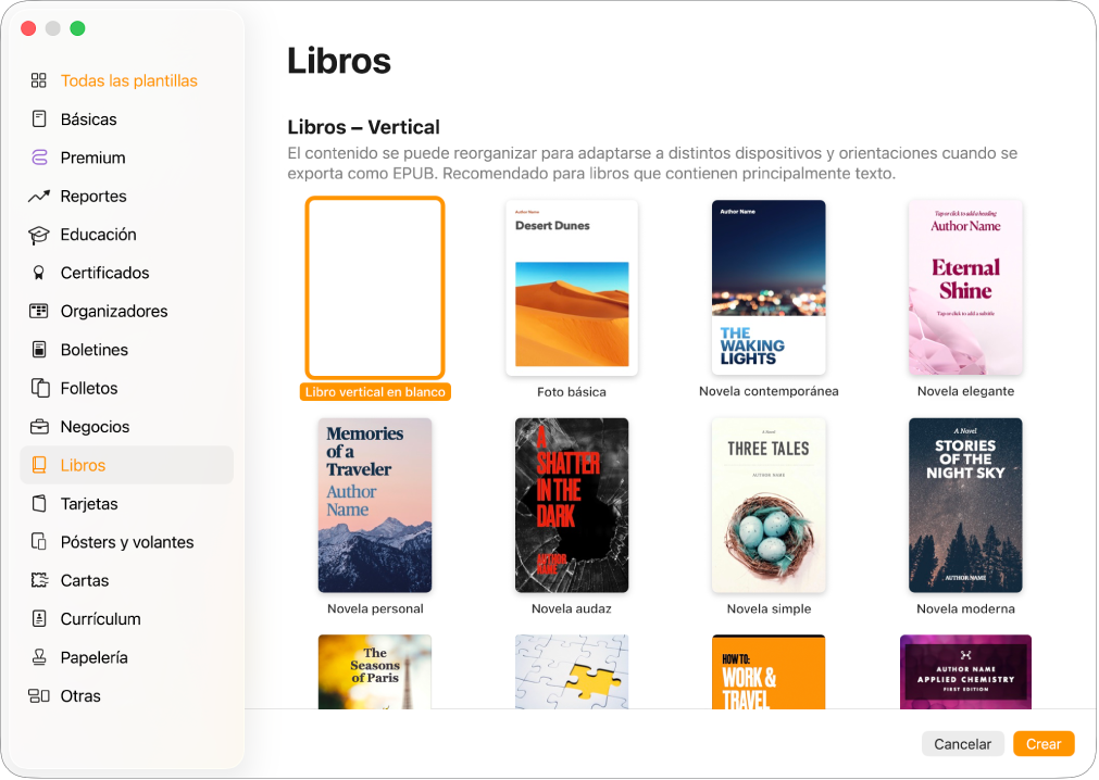 El selector de plantillas con Libros seleccionado en la lista de categorías de la izquierda, y plantillas de libros con orientación vertical a la derecha.
