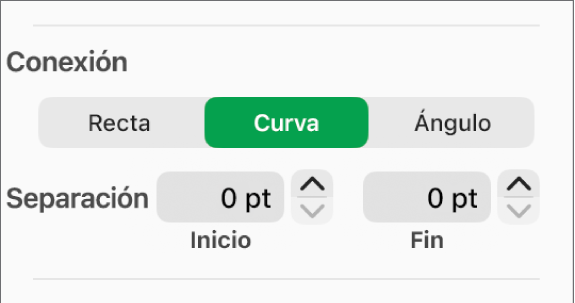 Los controles de Conexión con la opción Curva seleccionada.