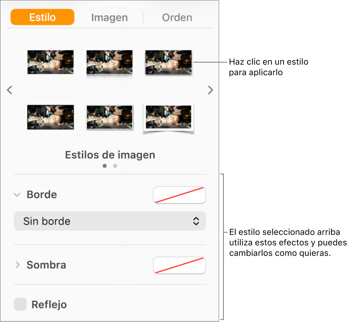 La pestaña Estilo de la barra lateral Formato con opciones de estilo de objeto.