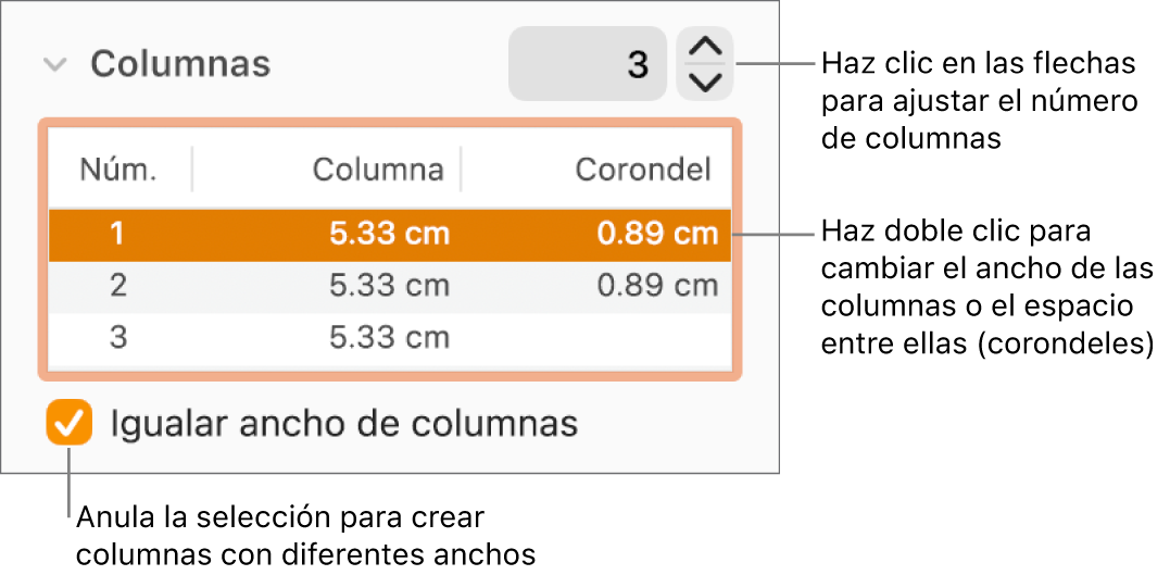 Panel Disposición del Inspector de formatos mostrando los controles de columna.