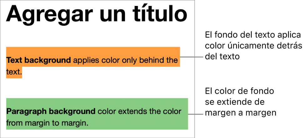 Un párrafo con color únicamente detrás del texto y un segundo párrafo con color por detrás que se extiende de margen a margen en un bloque.