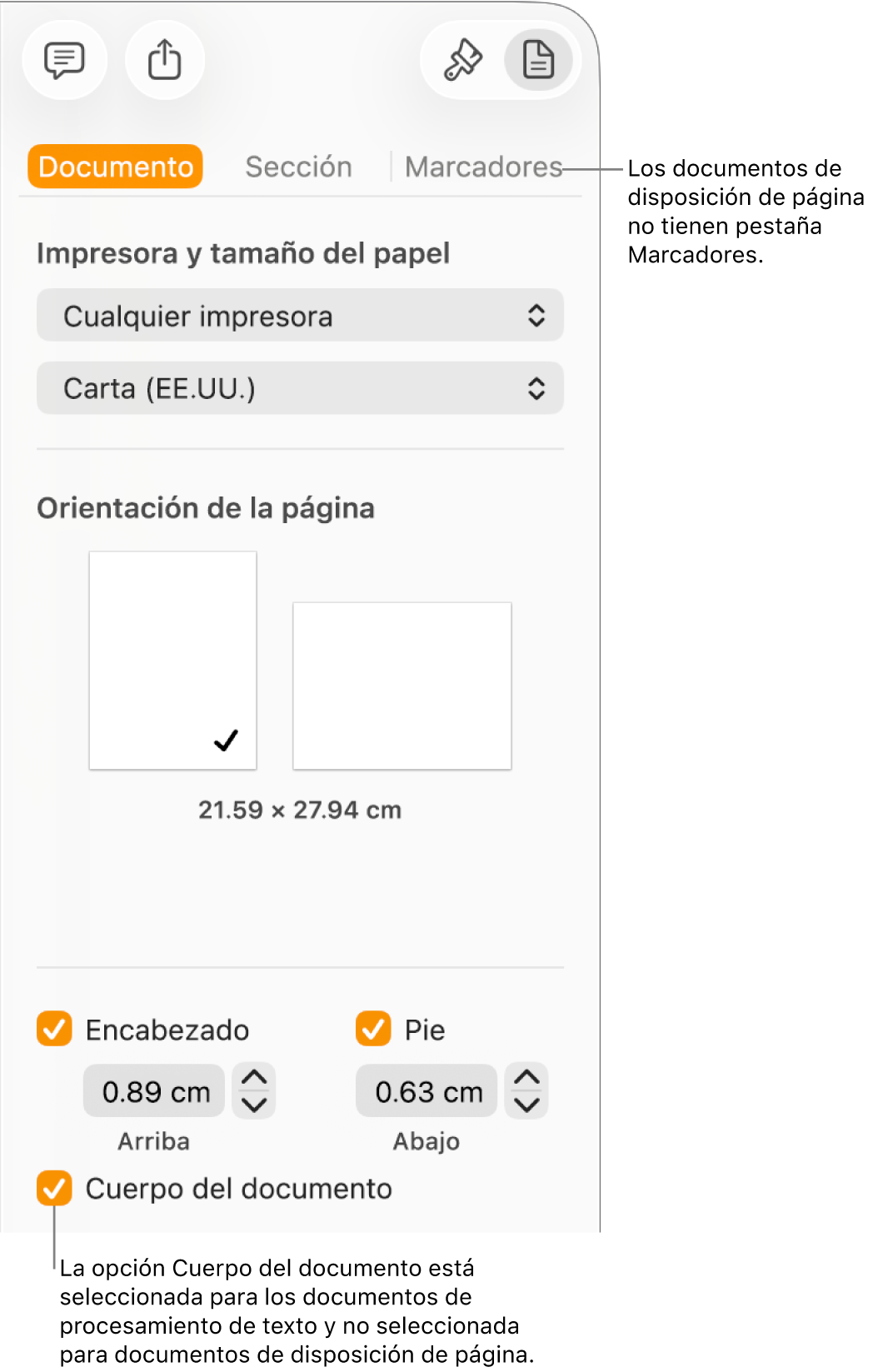 La barra lateral Formato con las pestañas Documento, Sección y Marcadores en la parte superior. La pestaña de Documento se seleccionó y un mensaje en la pestaña de Marcadores indica que los documentos de disposición de página no tienen una pestaña de Marcadores. Está seleccionada la casilla del Cuerpo del documento, lo que también indica que el documento es de procesamiento de texto.