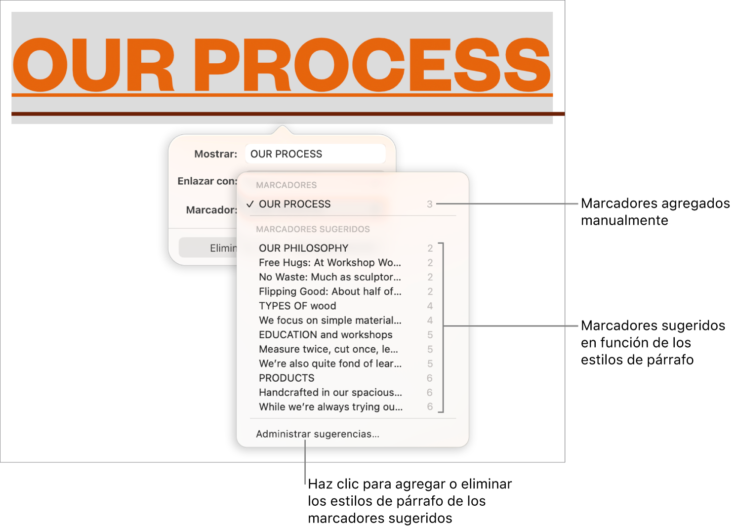 La lista de marcadores con marcadores agregados de forma manual en la parte de arriba y los marcadores sugeridos abajo. La opción Administrar sugerencias está al final.
