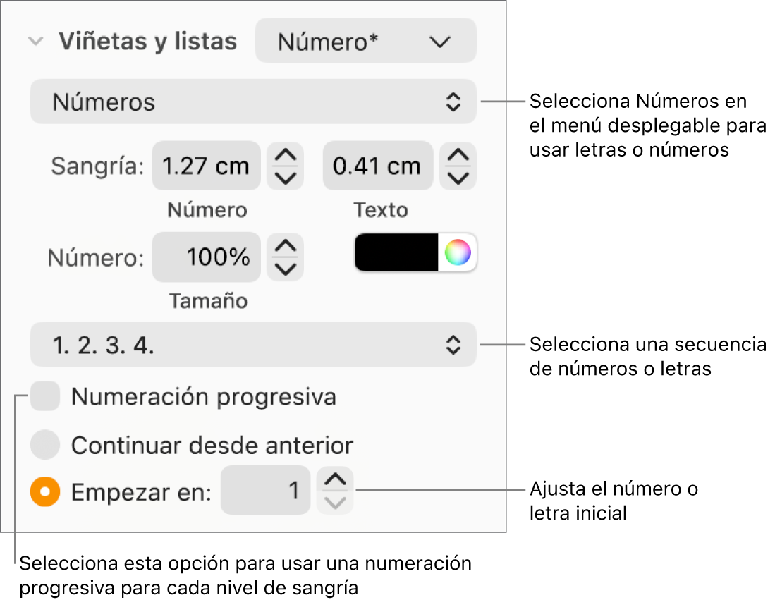 Controles para cambiar el estilo de numeración y el espaciado de una lista.