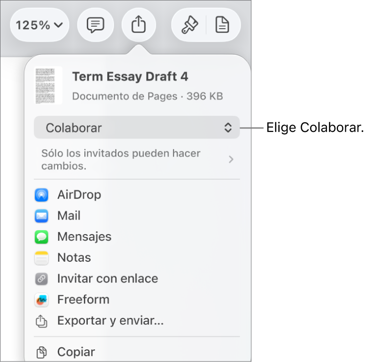 El menú Compartir con la opción Colaborar seleccionada en la parte superior, y la configuración de acceso y permisos debajo.