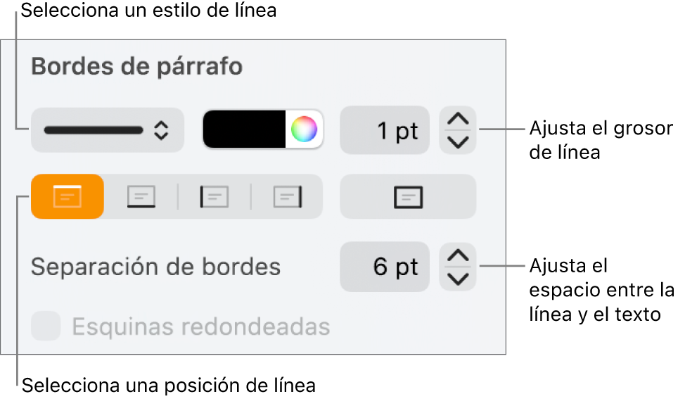 Controles para cambiar el estilo de línea, grosor, posición y color.