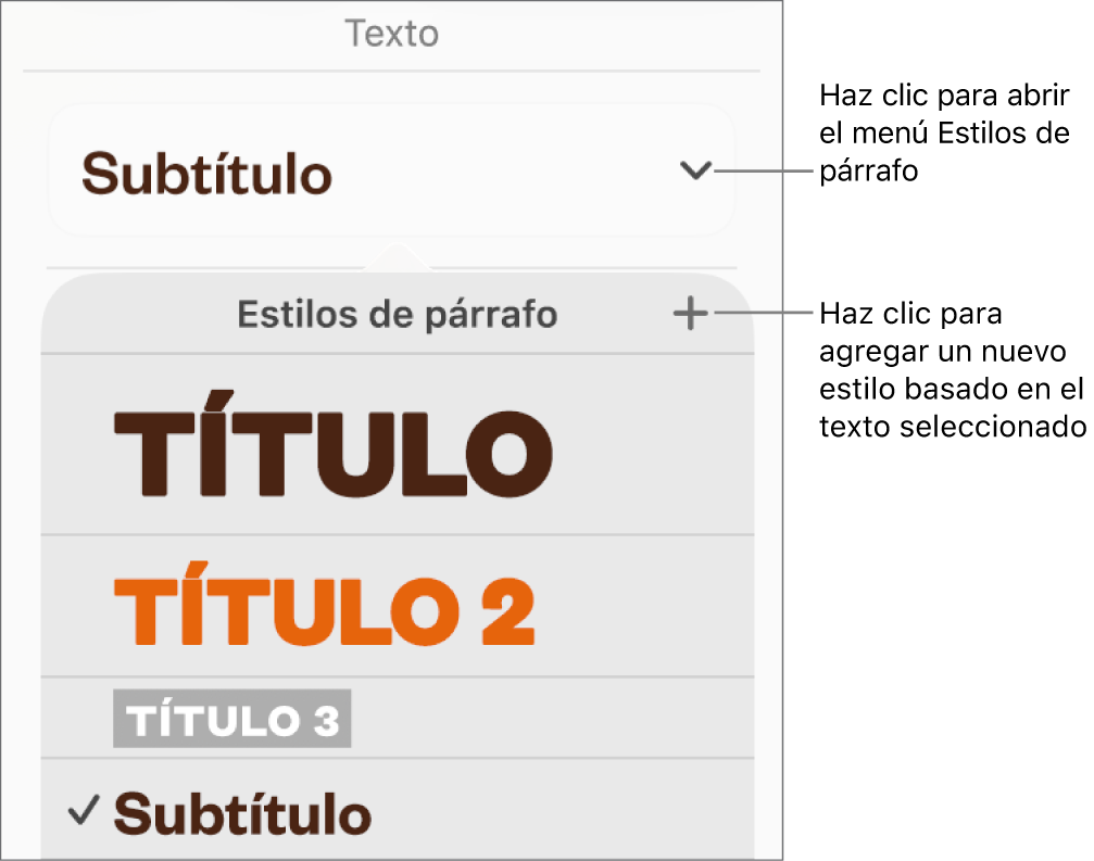 El menú Estilos de párrafo muestra controles para agregar o cambiar un estilo.