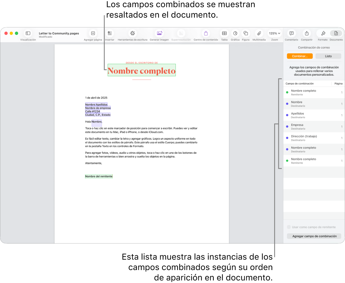 Documento de Pages con campos de combinación del remitente y del destinatario, y la lista de casos de campos de combinación visible en la barra lateral del documento.