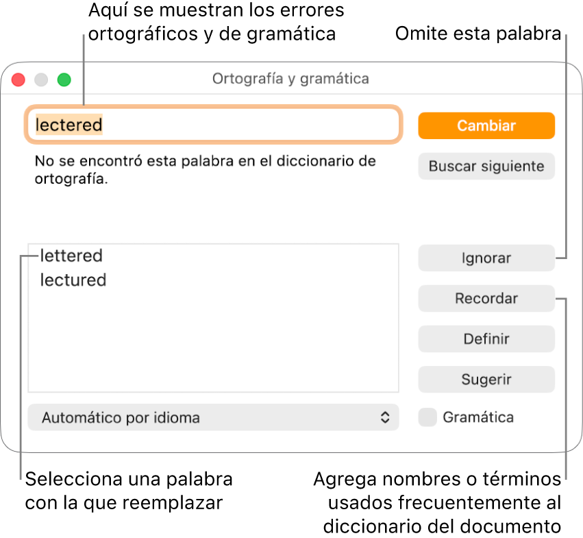 La ventana Ortografía y gramática.